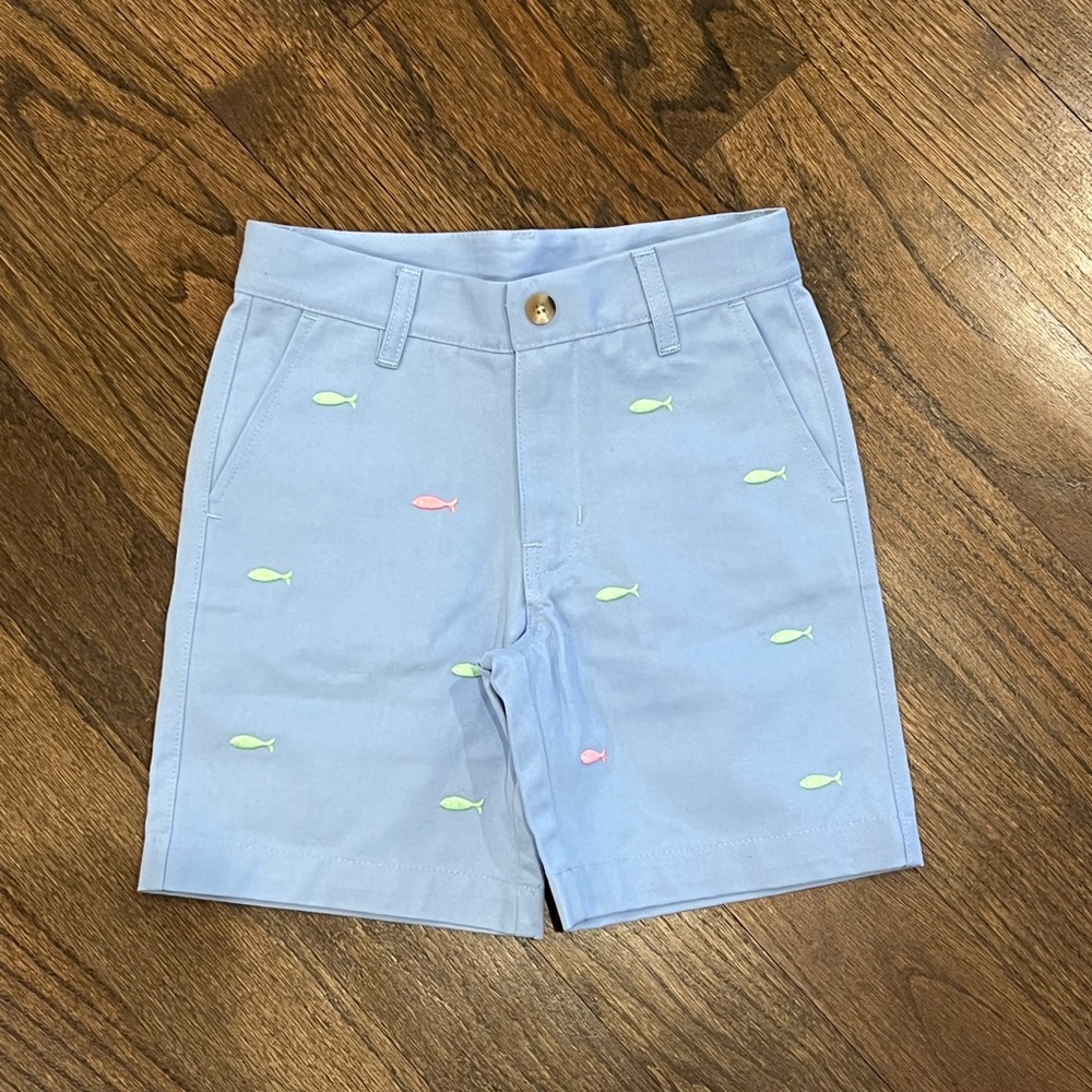 The Beaufort Bonnet Company Blue Kids Shorts with Fish Embroidery
